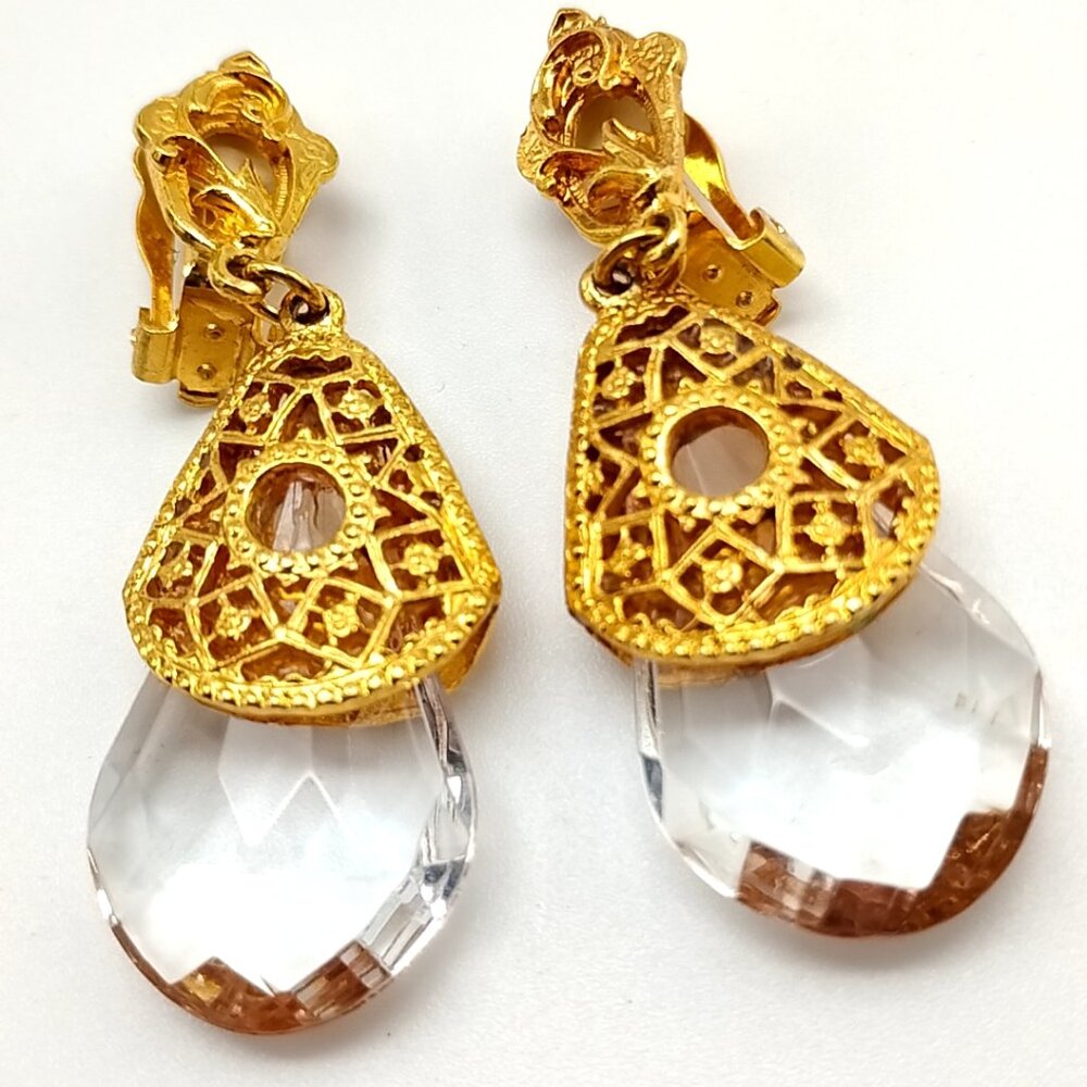 Gold Tone Filigree Clip-On Dangle Earrings Clear Faceted Teardrop Vintg-Inspired